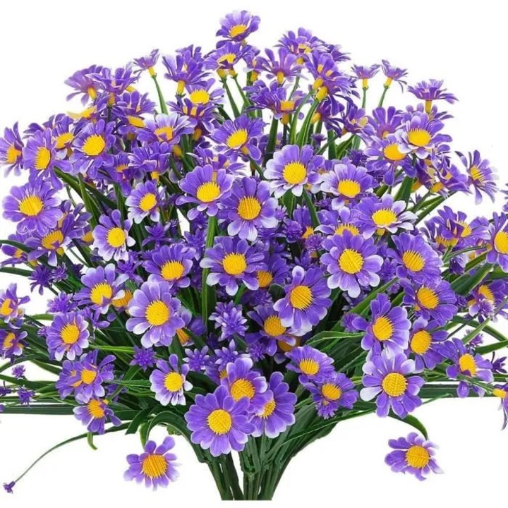 Flori artificiale margarete din plastic, UV rezistente, violet/galben, set 4 buc.