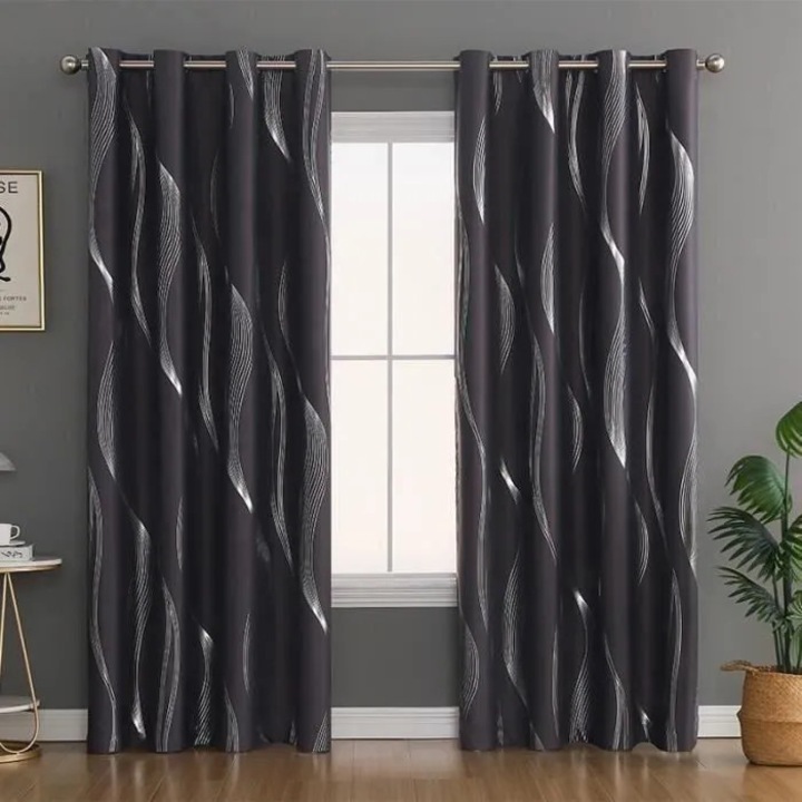 Draperie blackout cu inele, cidiscount-xwx-260804-404, izolare termica, imprimeu valuri argintii, gri, 107 x 224 cm