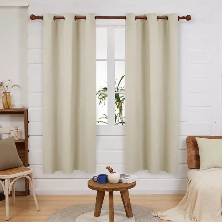 Draperii blackout, set 2 piese, din material sintetic, cu inele, izolare termica si opacizare, bej, 100 x 250 cm