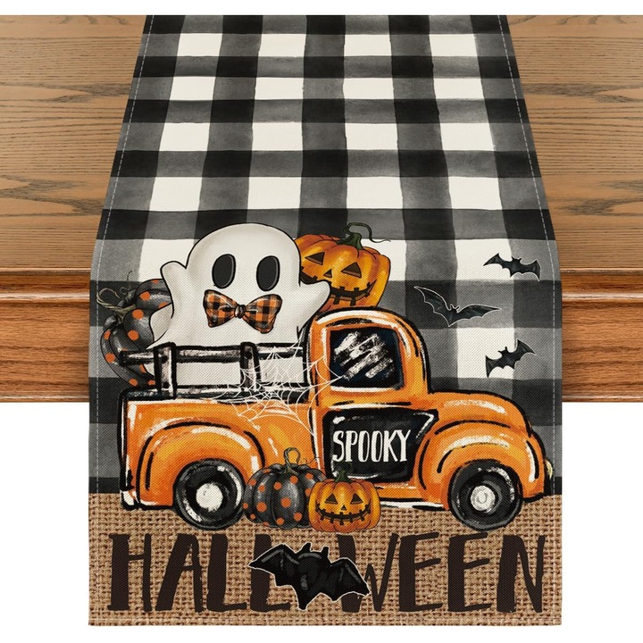 MIHX-840421 asztali futó, poliészter, Halloween dekoráció narancssárga kisteherautóval, szellemmel és tökökkel, fekete-fehér kockás, többszínű, 13 x 72 in