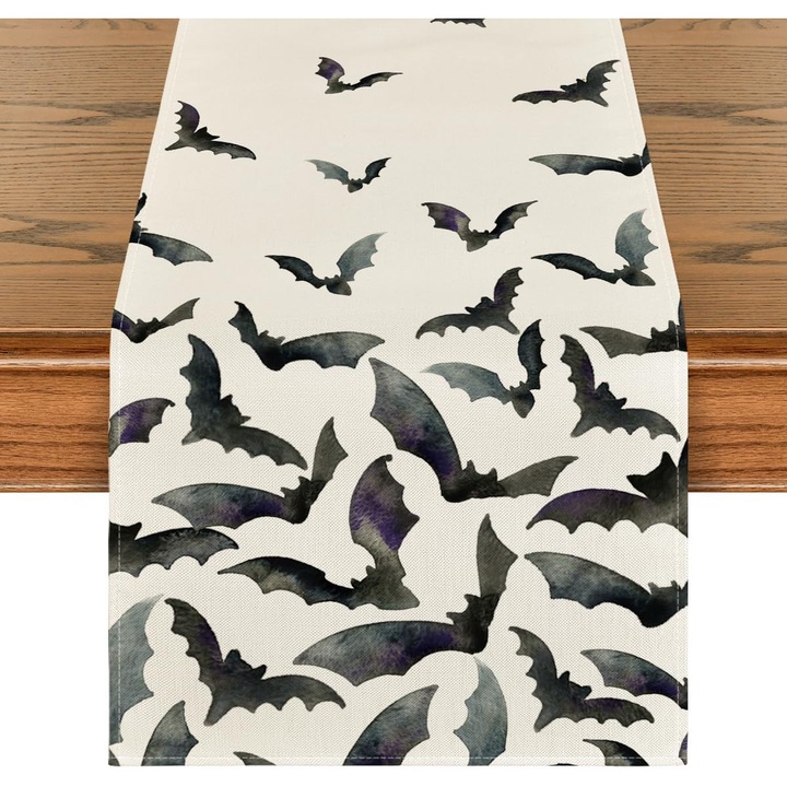 MIHX-841062 asztali futó, Halloween témájú, denevér mintás, krém/fekete, 33 x 183 cm