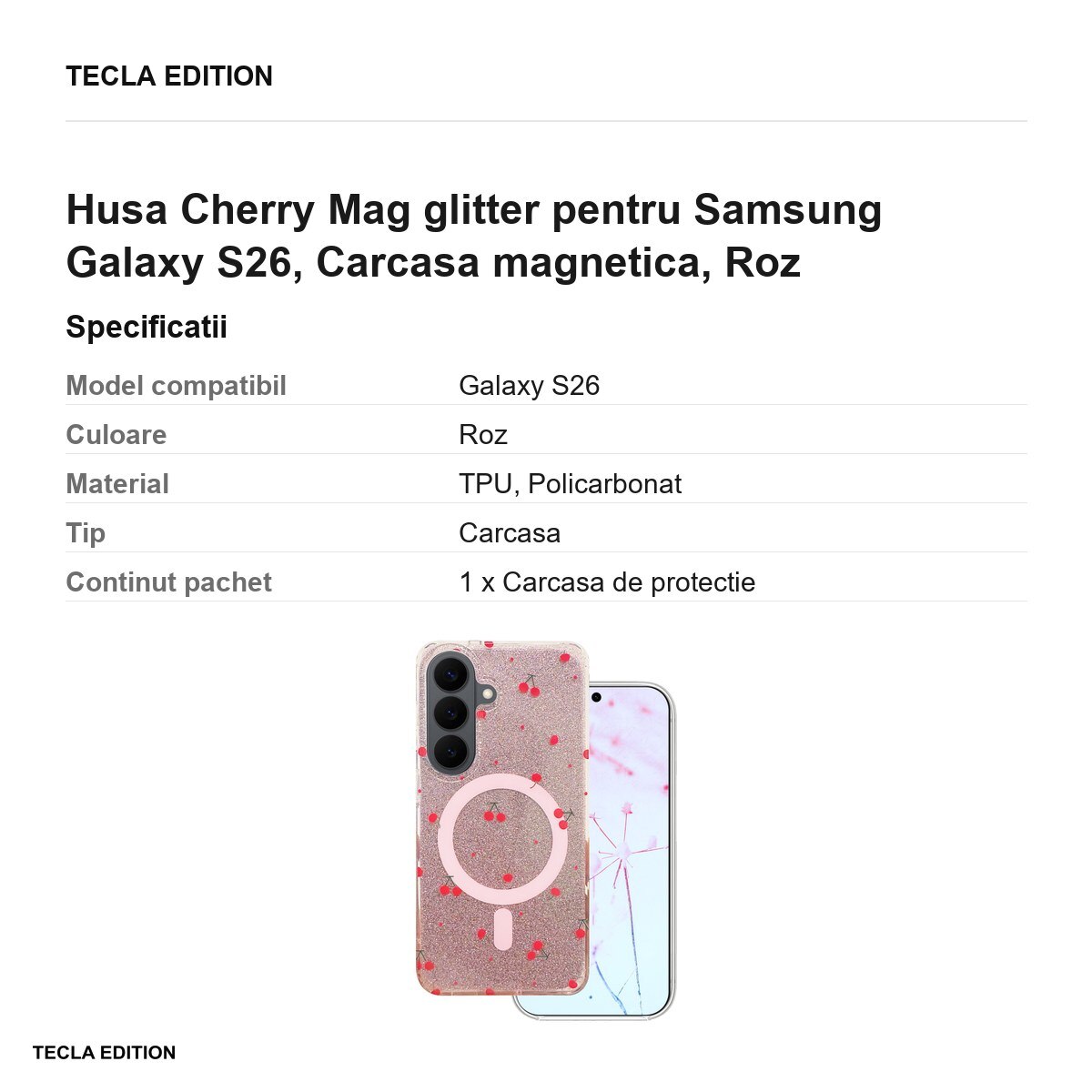 Husa Cherry Mag glitter pentru Samsung Galaxy S26, Carcasa magnetica, Roz
