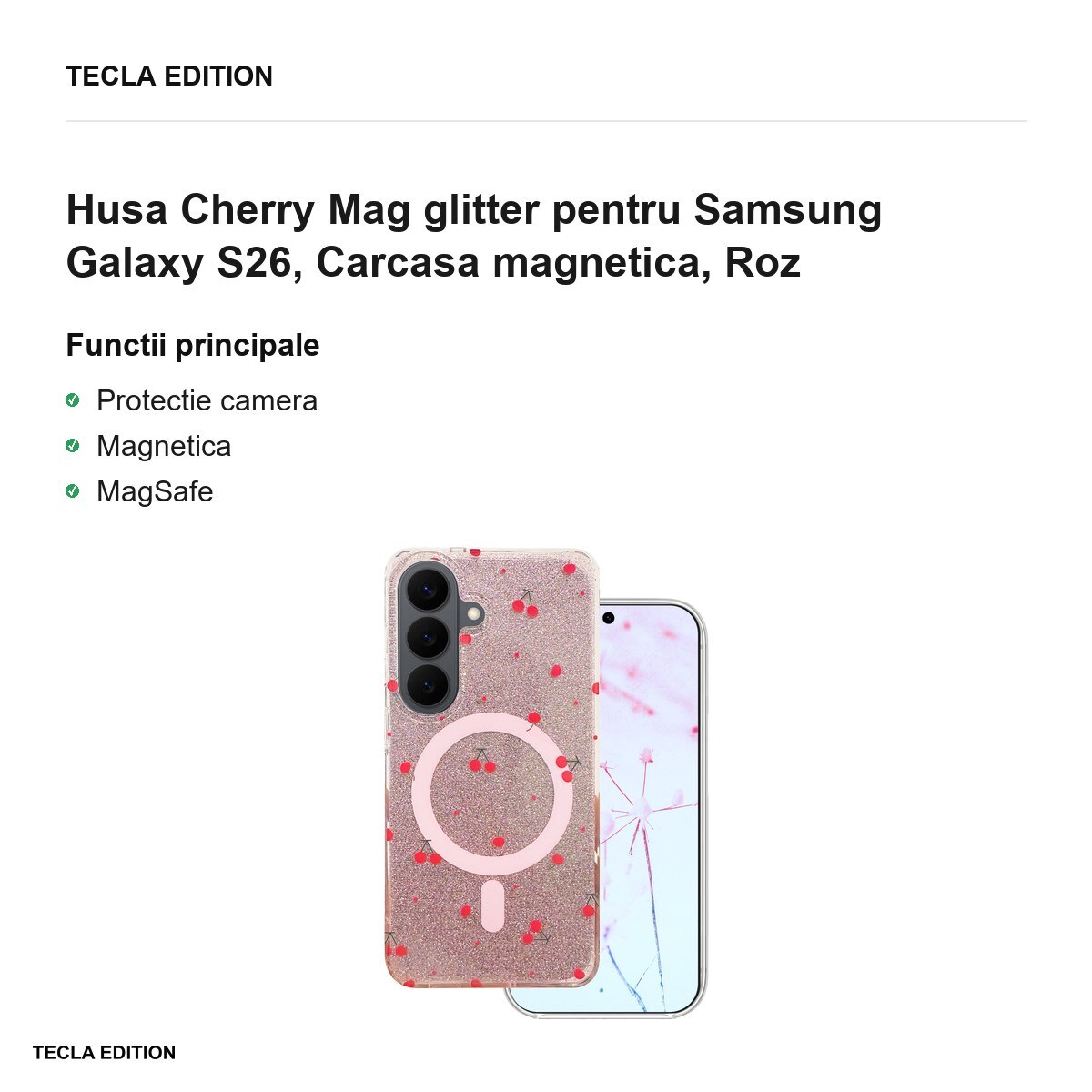 Husa Cherry Mag glitter pentru Samsung Galaxy S26, Carcasa magnetica, Roz