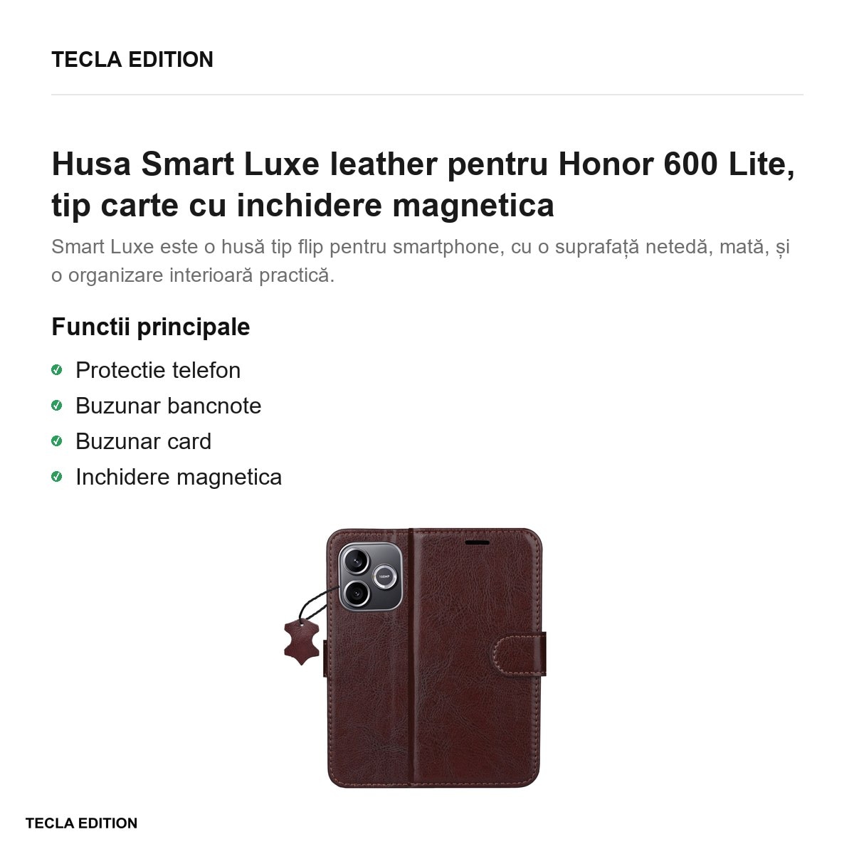 Husa Smart Luxe leather pentru Honor 600 Lite, tip carte cu inchidere magnetica, Maro