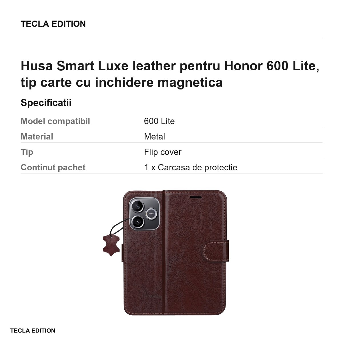 Husa Smart Luxe leather pentru Honor 600 Lite, tip carte cu inchidere magnetica, Maro