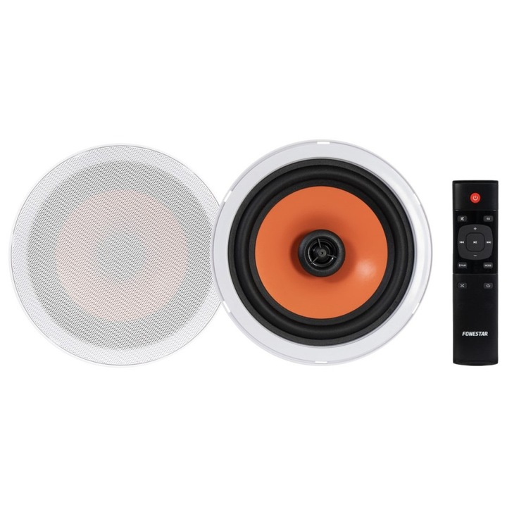 Fonestar KS-12B (jks12b) mennyezeti hangszóró szett, aktív+passzív pár, 2x20W RMS, Bluetooth 5.3, USB MP3, AUX, 6"/1" koaxiális hangszórók, keret nélküli alumínium rács, fehér, O185 mm x 75 mm