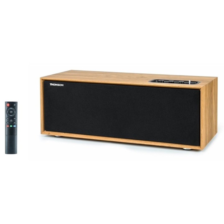 Boxa activa Thomson WS702 (8TWS702) 150 W, Bluetooth 5.0, intrare optica/RCA/USB/AUX, iesire subwoofer, lemn/negru, 43 x 17 x 15 cm