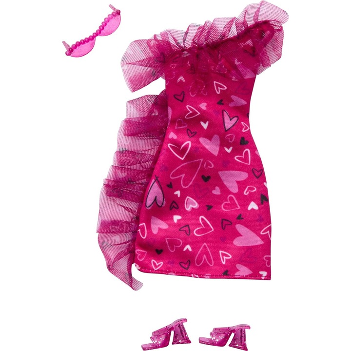 Barbie, rochie pentru papusa cu volane si imprimeu cu inimioare, roz, marime universala