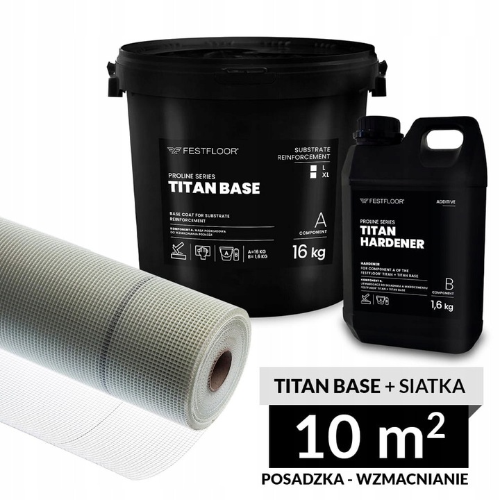 Комплект за консолидация на основа Festfloor Titan Base с Titan Hardener и мрежа от фибростъкло Super Thin, черен/бял, 10 m² (16 kg + 1,6 kg)