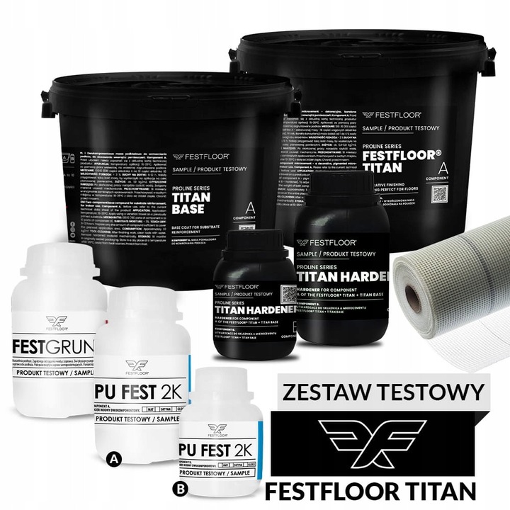 Комплект за тестване на микроцимент Festfloor Titan, пробен комплект за система (Titan Base, Titan Hardener, FESTGrun, PU FEST 2K и армираща мрежа)