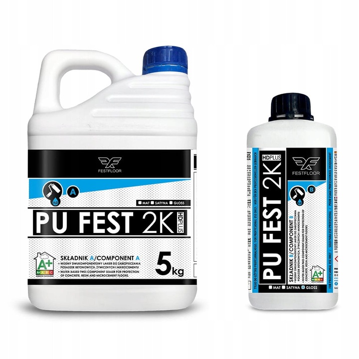 Полиуретанов лак PU FEST 2K Festfloor, двукомпонентен на водна основа, UV устойчив, не пожълтяващ, за подове и стени (микроцимент), прозрачен, 6 кг