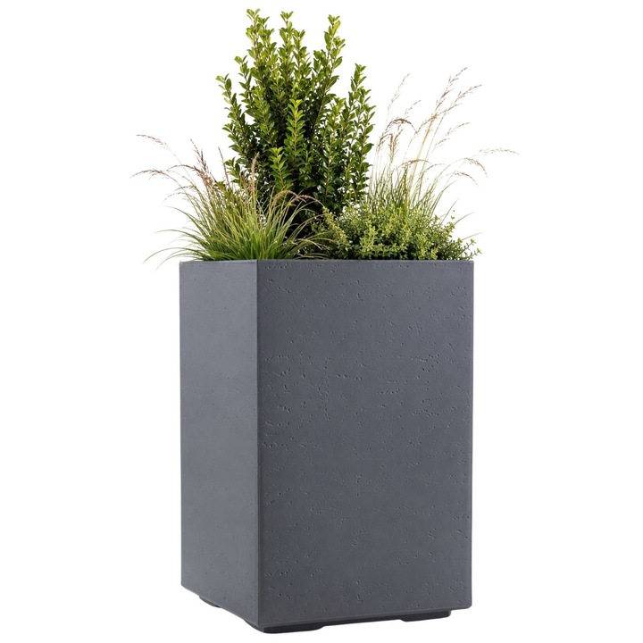 Ghiveci Mare Pe Roti, HowHomely, H60x40 cm, Gri Antracit, Plastic Reciclat, Orificiu Drenaj, Structura Cu Textura Tip Beton