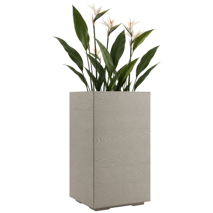 Ghiveci Mare Pe Roti, HowHomely, Dimensiuni H60x40 cm, Bej Cald, Fabricat Din Plastic Reciclat, Orificiu Drenaj, Structura Lemn