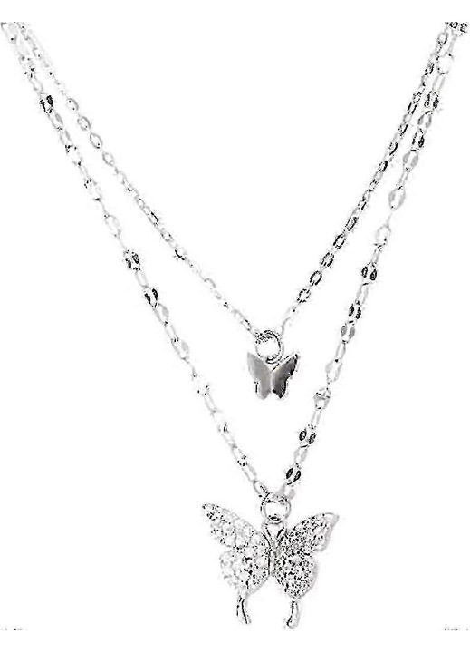 Colier dublu din argint 925 cu pandantiv fluture pave cu zirconii, argintiu, FG123K0225-260803-10829
