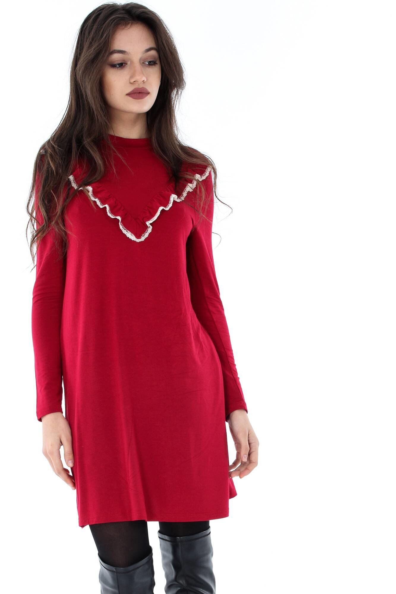 Rochie rosie, ROH, cu volan in V