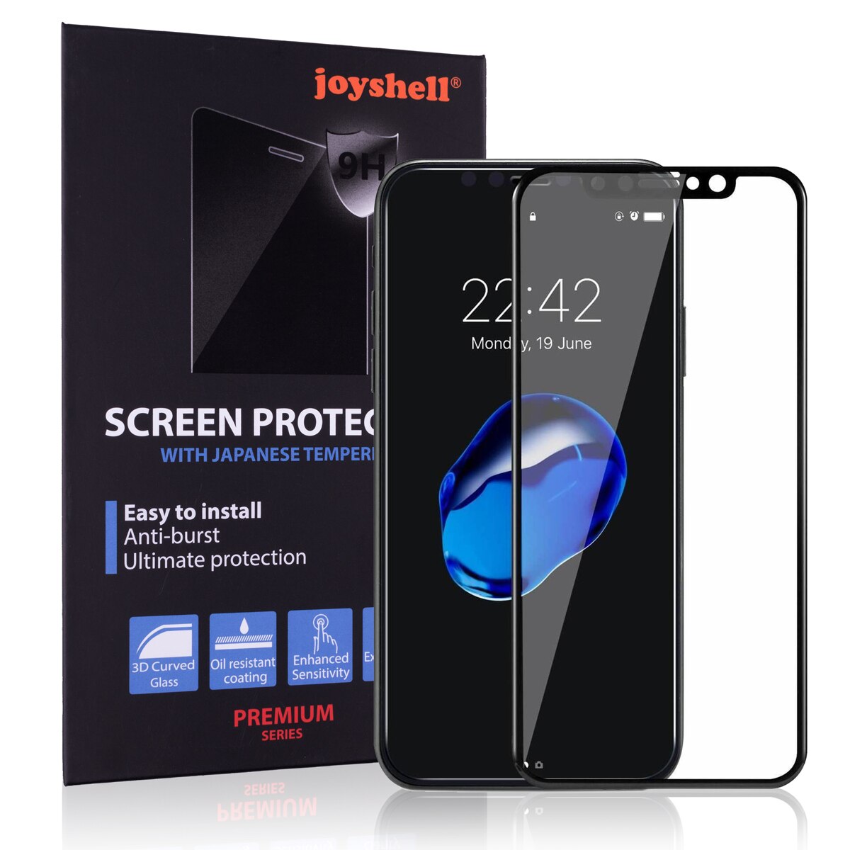 Folie sticla 3D Joyshell Apple iPhone X, iPhone 10, XS cu margini din silicon si sticla securizata Premium Asahi Japonia, Full Cover, negru