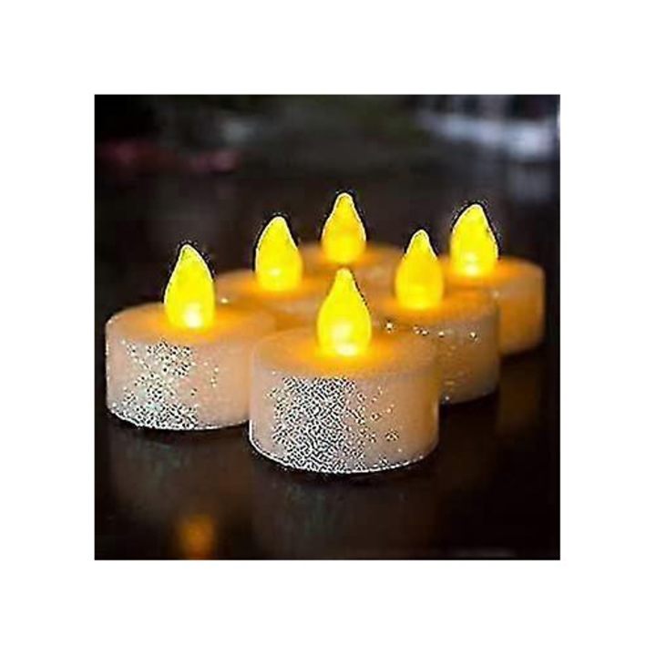 Lumanari tealight LED FG123K0225-260803-11638, fara flacara, sclipici alb curcubeu, efect palpaitor, lumina calda chihlimbar, CR2032, 12 buc.