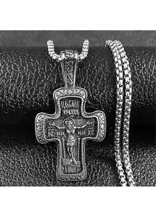 Pandantiv cruce ortodoxa crucifix din otel inoxidabil cu lant box, gravat, argintiu, 60 cm, FG123K0225-260803-11630