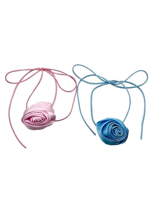 Choker din material textil cu floare trandafir, reglabil cu panglica, albastru/roz