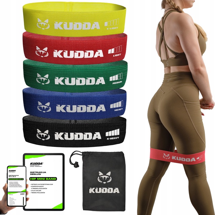 KUDDA HIP BAND 5 db-os fitnesz szett, 1-29 kg ellenállás, pamut+latex