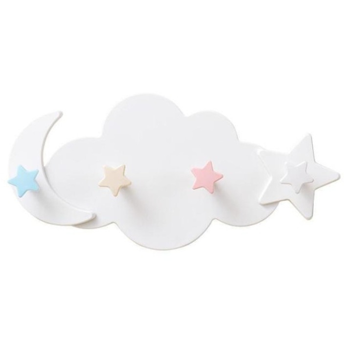 Cuier de perete KSK-MSFRSMM00, din plastic, cu design nori si stele, alb cu accente pastel, 14 x 29.8 cm