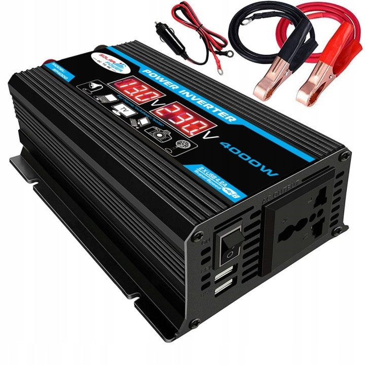 Inverter auto 4000W 31CJ123-K0274-260804-2351, sinus digital inteligent, iesire AC 230V, 2x USB, afisaj LED, cabluri si cleme, negru