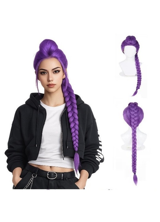 Peruca cosplay din fibra sintetica rezistenta la caldura Rumi Demon Hunter, coada impletita lunga cu coc superior, mov, reglabila 52–58 cm, model 31CJ123-K0274-260804-3030
