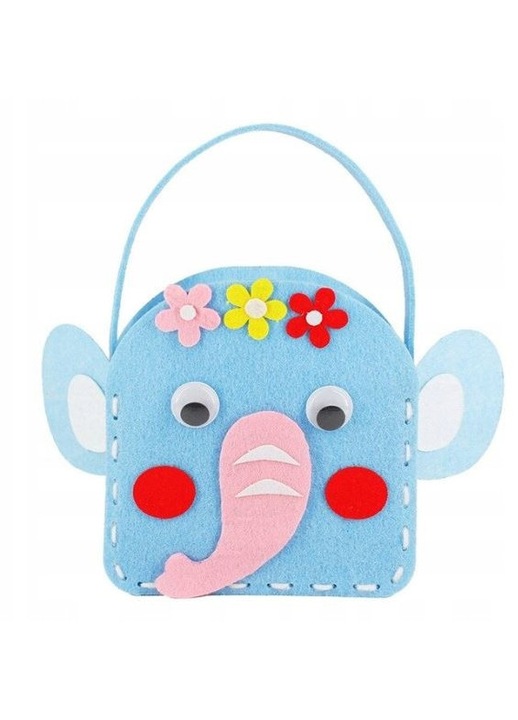 Geanta pentru fete din poliester, model elefant cu aplicatii florale si urechi, bleu, inaltime 21 cm