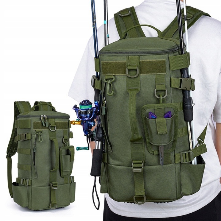 Rucsac de pescuit din Oxford, cu suport pentru lansete, buzunare multiple si sistem MOLLE, impermeabil, verde, 21 x 17 x 43 cm