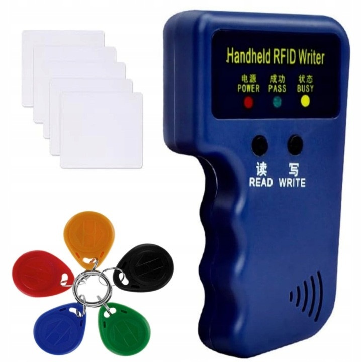 Programator RFID portabil 125 kHz 31CJ123-K0274-260804-3256, duplicator cititor/scriitor, compatibil EM4305, set 1x dispozitiv + 5 brelocuri + 5 carduri, multicolor
