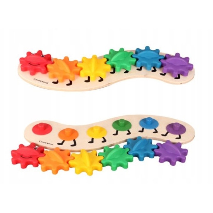 Puzzle educational din lemn in forma de milipede, piese din plastic detasabile, multicolor, 35 x 8 x 3 cm