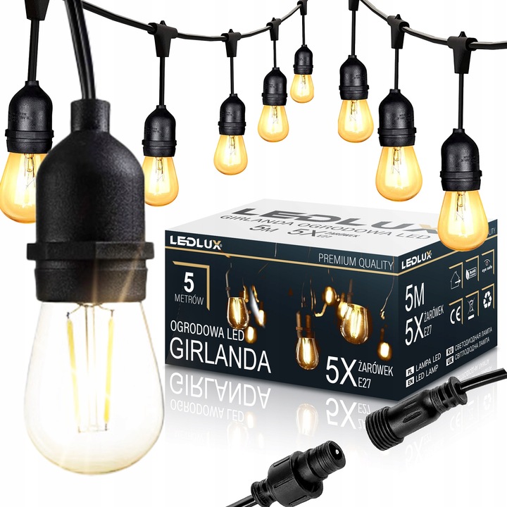 LED Kültéri Füzér 5m, 5xE27, 1W, Vízálló