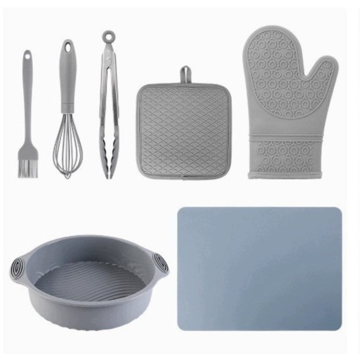 Set 7 piese ustensile de bucatarie din silicon pentru copt si framantat, covoras framantat 40 x 30 cm, tava rotunda 28.5 x 24.5 x 6 cm, manusa termica, suport pot, pensula, tel, cleste, gri