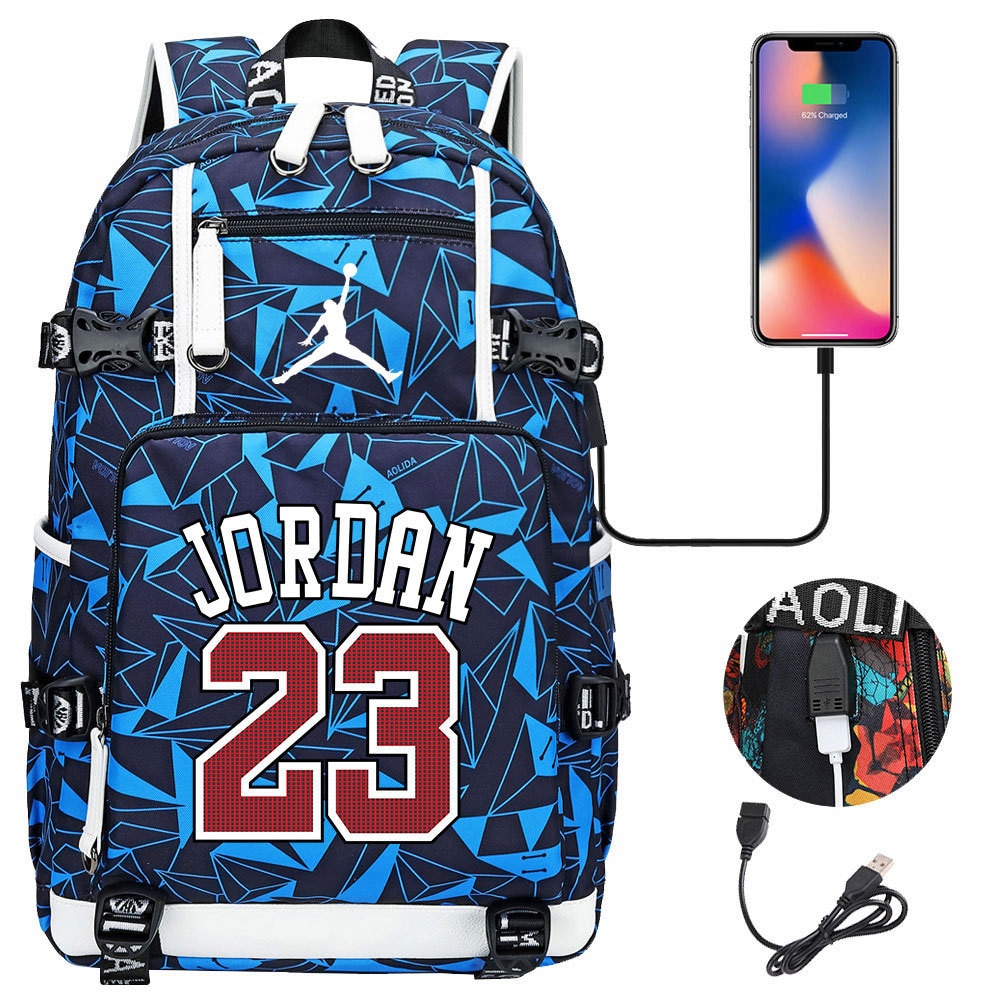 Jordan, rucsac Oxford pentru laptop cu imprimeu geometric triunghiuri, port USB extern, design 23, model E30-A173-e-5380-XX, albastru