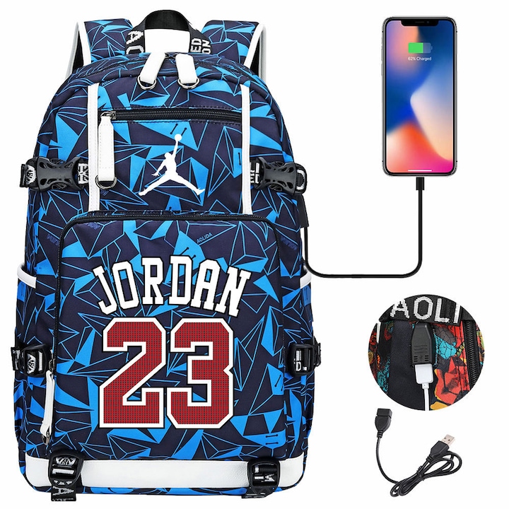 Jordan, rucsac Oxford pentru laptop cu imprimeu geometric triunghiuri, port USB extern, design 23, model E30-A173-e-5380-XX, albastru