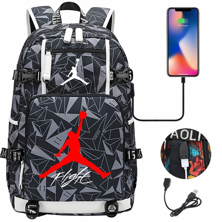 Jordan, Oxford hátizsák gyémánt geometriai mintával, USB töltőport, vízálló, nagy kapacitású, szürke