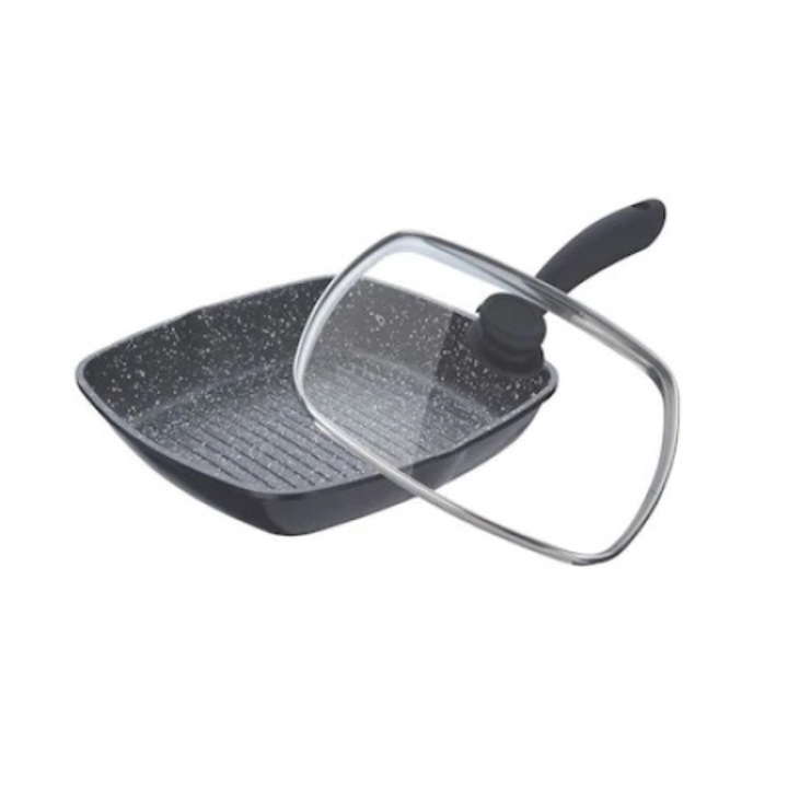 Tigaie grill 28 cm, Aluminiu, Invelis granit, Capac, Negru