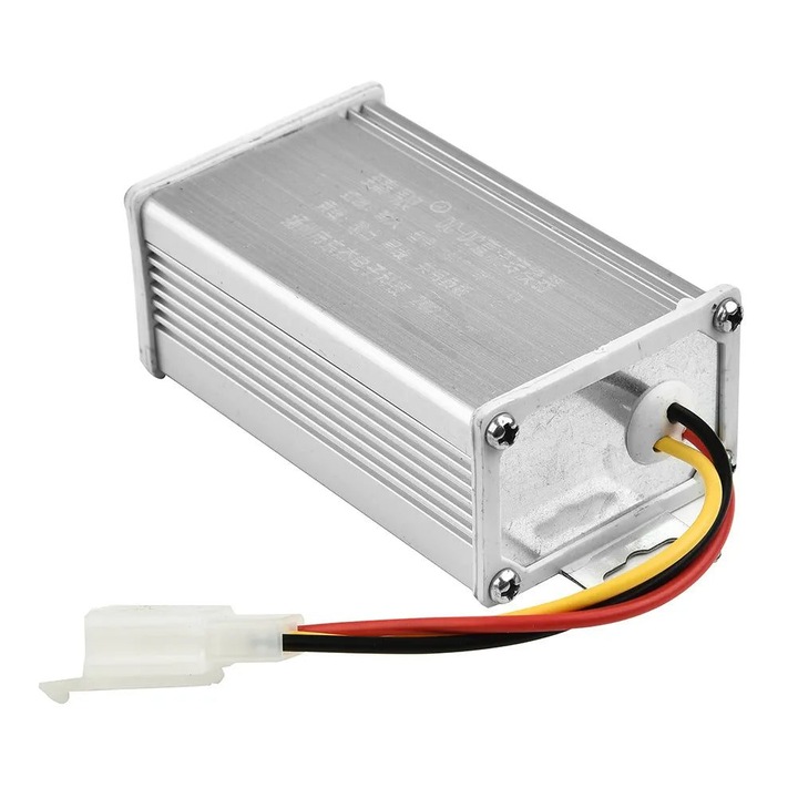Convertor DC-DC pentru vehicul electric K0323-0805-CJ2932, 36–72V la 12V 10A (120W), carcasa aluminiu argintiu, 9 x 5.1 x 3.3 cm