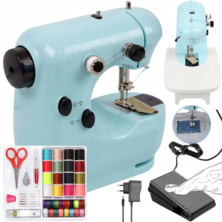 Masina de cusut portabila mini, cu accesorii, iluminata, 2 viteze