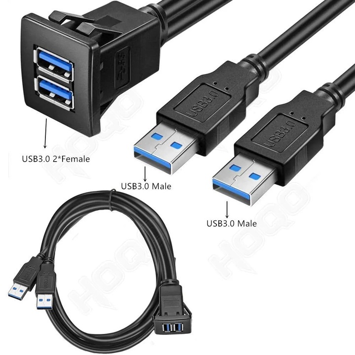 YR-CA-34-2 K0323-0805-CJ1384 beépíthető dupla USB aljzat, USB 3.0, 2 anya port 2 x USB-A apa csatlakozóhoz, fekete, kábel 0.3/1/2 m, beépítési méret 29 x 26 mm