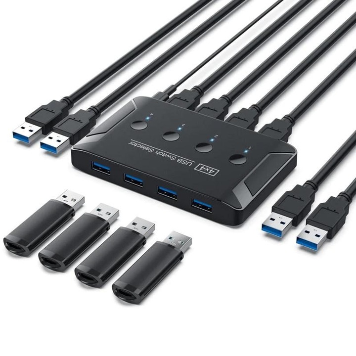 KVM USB K0323-0807-CJ12033 kapcsoló, 4 USB 3.0/2.0 port, billentyűzet/egér/flash (U disk) kapcsoló, fekete, 150 cm kábel