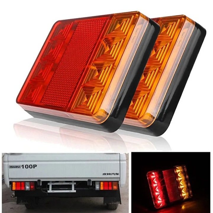 Lumina stop spate LED pentru camion/remorca K0323-0805-CJ2704, 12V, 8 LED, rosu/ambar, IP65, cablu 20 cm, 12 x 9.5 x 2.2 cm