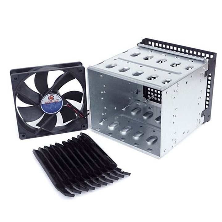 Кутия за твърд диск K0323-0805-CJ387, метална, за 5 x 3.5" в 3 x 5.25" слота, слот за 12 см вентилатор, подвижна, сребриста, 16.6x14.6x12.8 см