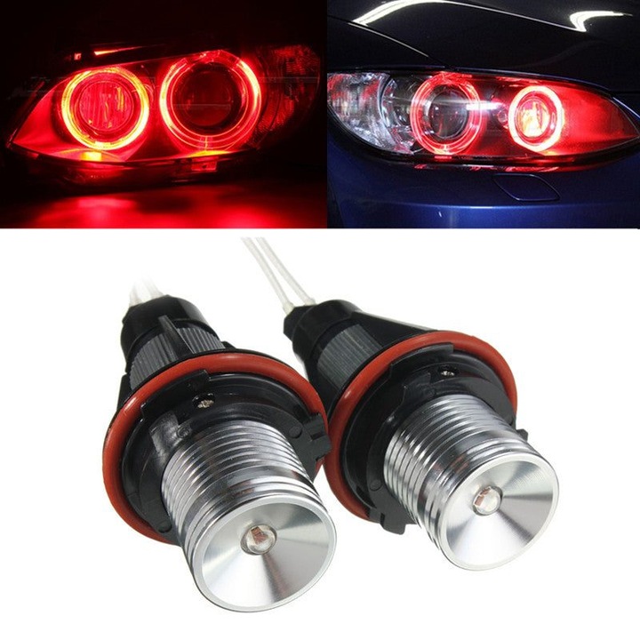Inel LED Angel Eye pentru faruri BMW K0323-0805-CJ6744, 6W x2 (12W) CAN-bus, plug-and-play, rosu, set 2 buc, compatibil cu E39/E60/E53/E65/E87/E63/E64/E61/E83