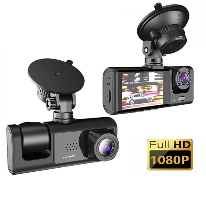 Camera auto DVR K0323-0807-CJ9598, 3 camere (fata/interior/spate), 1280x720, ecran 2" IPS, vedere nocturna IR, inregistrare bucla, negru