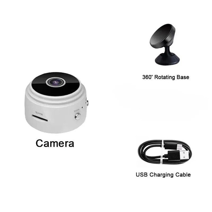Мини камера за наблюдение A9 (K0323-0807-CJ9934) Wi-Fi 1080P, нощно виждане, ъгъл 150°, H.264, слот за MicroSD до 64GB, Li-полимерна батерия 3.7V, черно/бяло