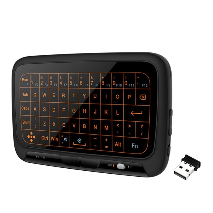 Мини безжична клавиатура с тъчпад H18 (K0323-0805-CJ5389), 2.4GHz, QWERTY пълен тъч с монохромна оранжева подсветка, черна, с USB приемник