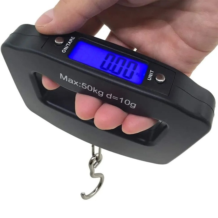 Кантар за багаж K0323-0805-CJ8765, капацитет 50 кг, точност 10 г, LCD дисплей със синя подсветка, мерни единици g/oz/lb/kg, черен, преносим