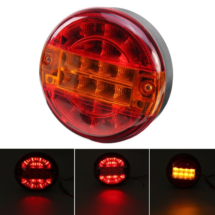 Lampa stop spate LED rotund D61087 K0323-0807-CJ8599, 20 LED (12 rosu/8 alb), 10-30V, functii frana/semnal/mers/revers, IP67, ABS+PC, rosu/ambar