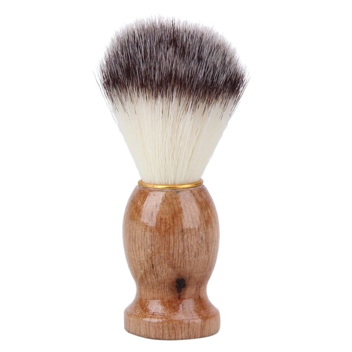 Pensula de barbierit K0323-0805-CJ8061, par badger sintetic si nylon, maner din lemn, Multicolor, 11 x 4 x 3.2 cm